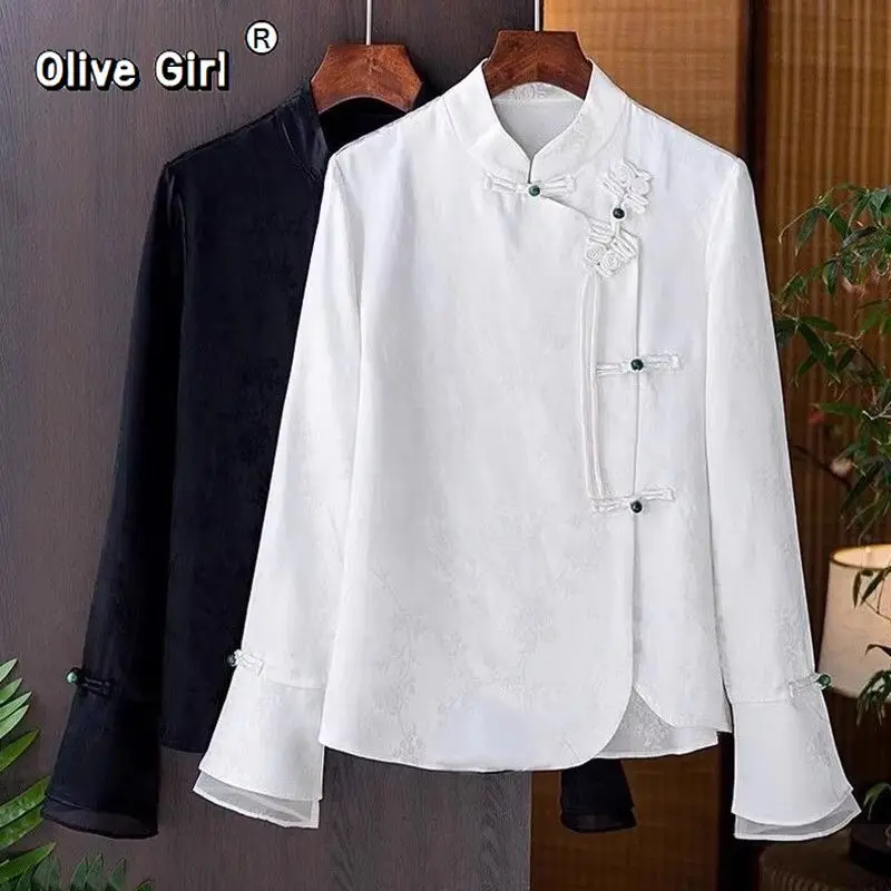 

Женская блузка Olivegirl в китайском стиле с пуговицами-лягушками, весенний топ в стиле Тан, элитный жаккардовый топ с воротником-стойкой и длинными рукавами
