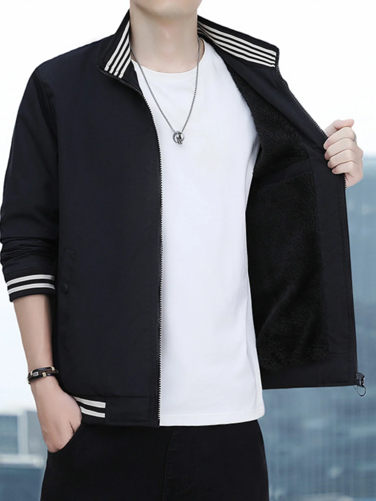 

Мужская куртка с воротником-стойкой на подкладке, большой размер, теплая без шапки, весенне-осенняя повседневная куртка-стойка из Thiened из полиэстера