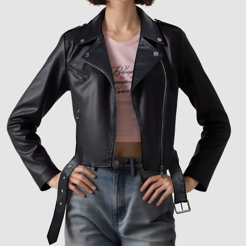 European American Turn-down Collar Short Leather Jacket With Belt Women's PU Leather Simple New Spicl Girl Style Motorcycle Coat