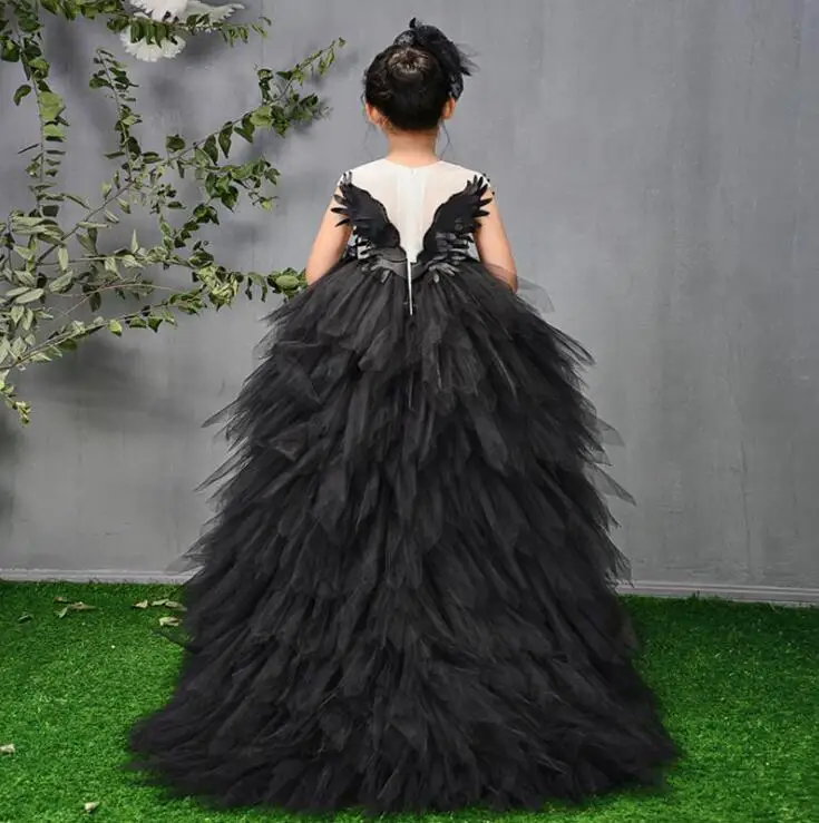 Swan Crystal Tulle Trailing Flower Girl Dresses Ball Gown Kids Pageant Dress Birthday Party High-end Feather Princess Dresses