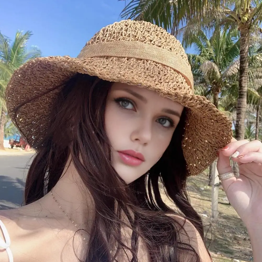 

Women’s Summer Straw Sun Hat – Minimalist Wide Brim Beach Hat with Bow, UV Protection , Fresh & Elegant Style