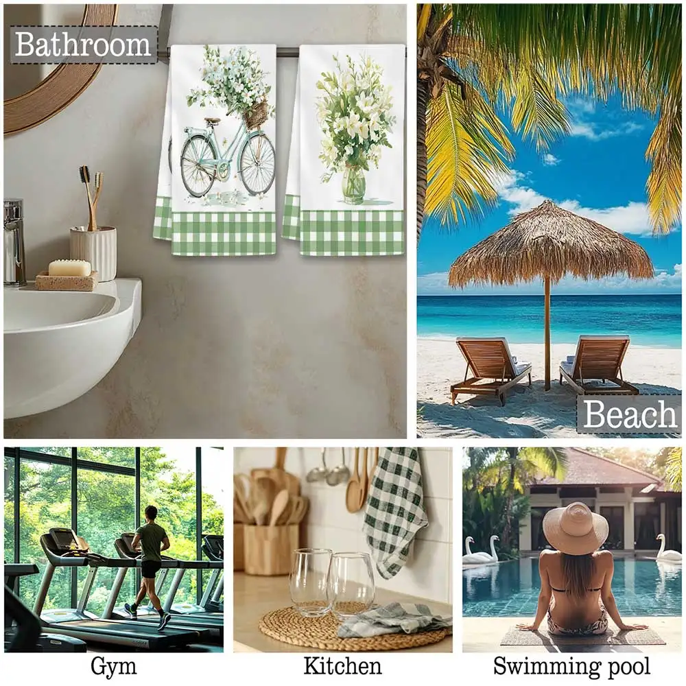 Jit 2pcs Bicycle Basket White Floral Green Gingham Pattern Dish Towels For Home Kitchen Spring Decor
