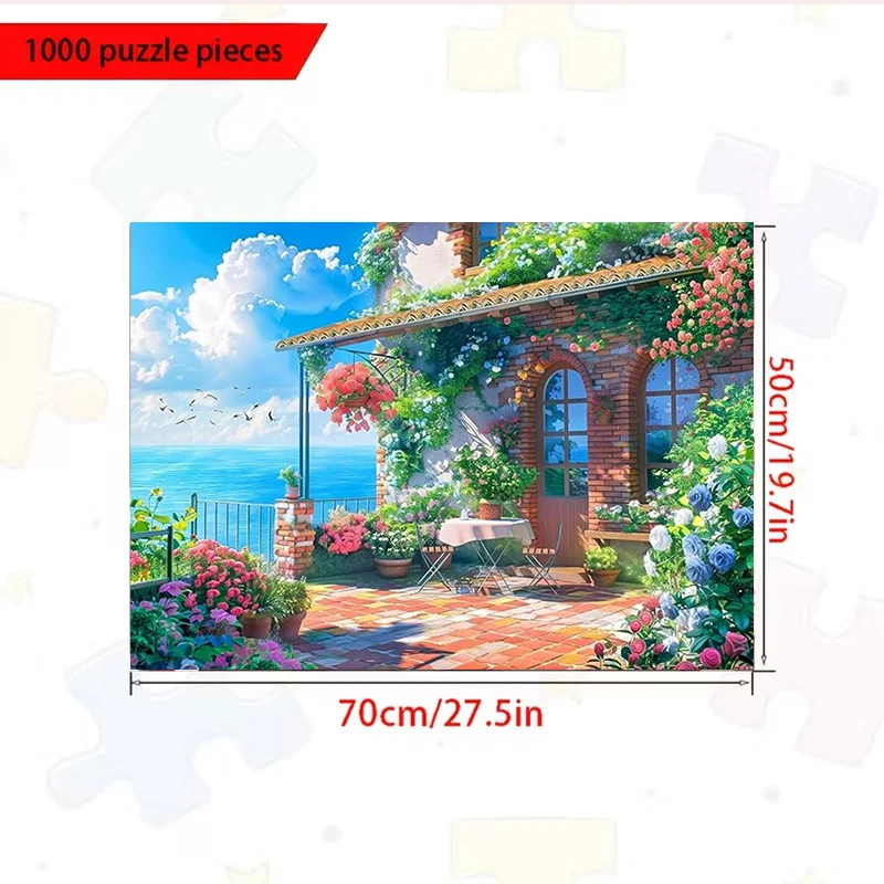 1000 قطعة من أحجية الصور المقطوعة لشرفة البحر الأبيض المتوسط - أحجية ورقية مطبوعة عالية الوضوح مع تصميم زهور نابضة بالحياة والمعمارية،