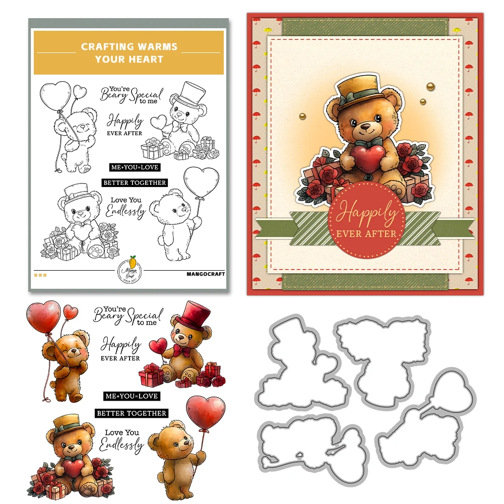 Mangocraft Valentine\'s Day Love Cute Bears Cutting Dies Clear Stamp DIY Scrapbooking Metal Dies Silicone Stamp For Cards Albums