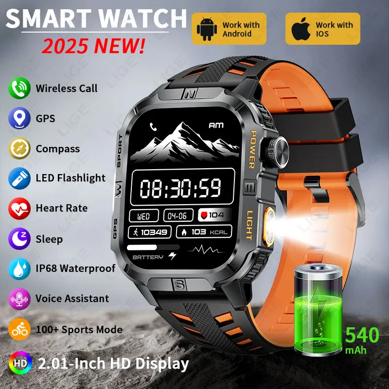 

LIGE GPS спортивный трекер умные часы мужские военные компас фонарик 540 мАч уличный водонепроницаемый браслет Bluetooth умные часы с вызовом