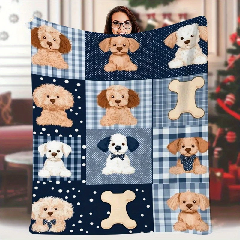 Plaid Patch Puppy Bone Print Throw Blanket,Warm Living Room,Lap Cover,Window Seat Layer,Birthday Home Casual Blessing Token