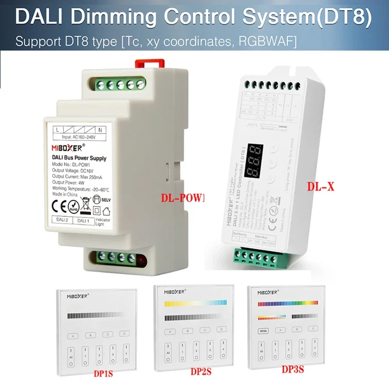 Miboxer DALI DL-X 5IN 1 LED Strip Controller Support Single color/CCT/RGB/RGBW/RGB+CCT DT8 Output Mode with DALI Panel/DL-POW1