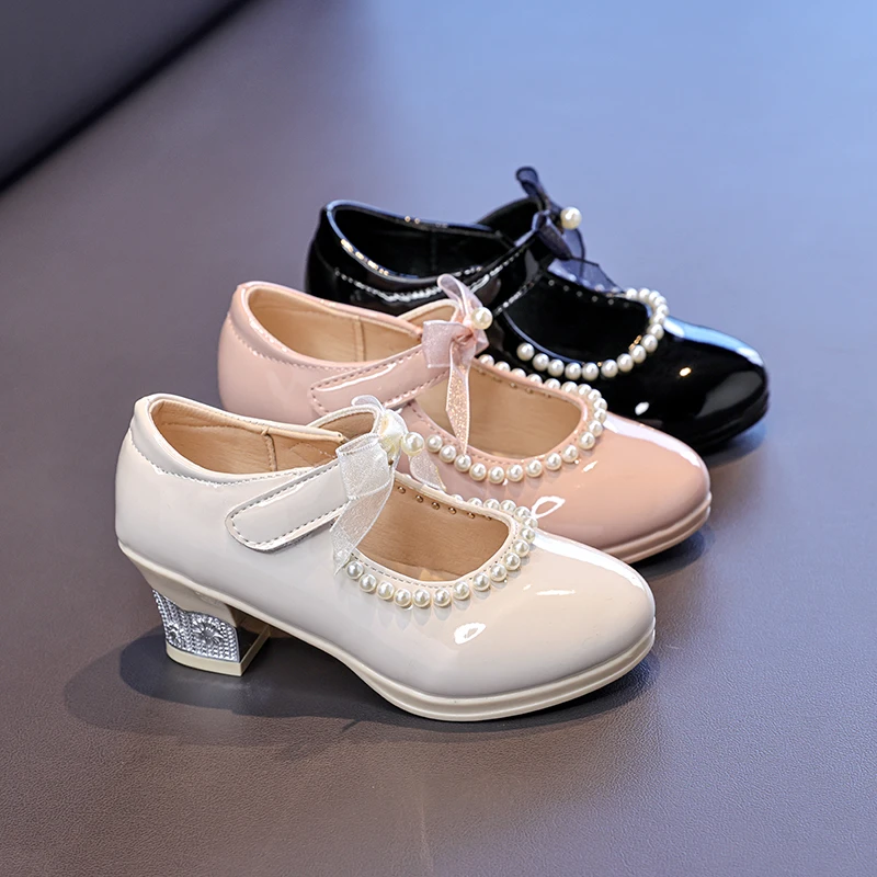 

Children's Leisure PU Leather Pearl Bow High Heels Spring and Summer Princess Girl Sweet Style Solid Color Small Leather Shoes.