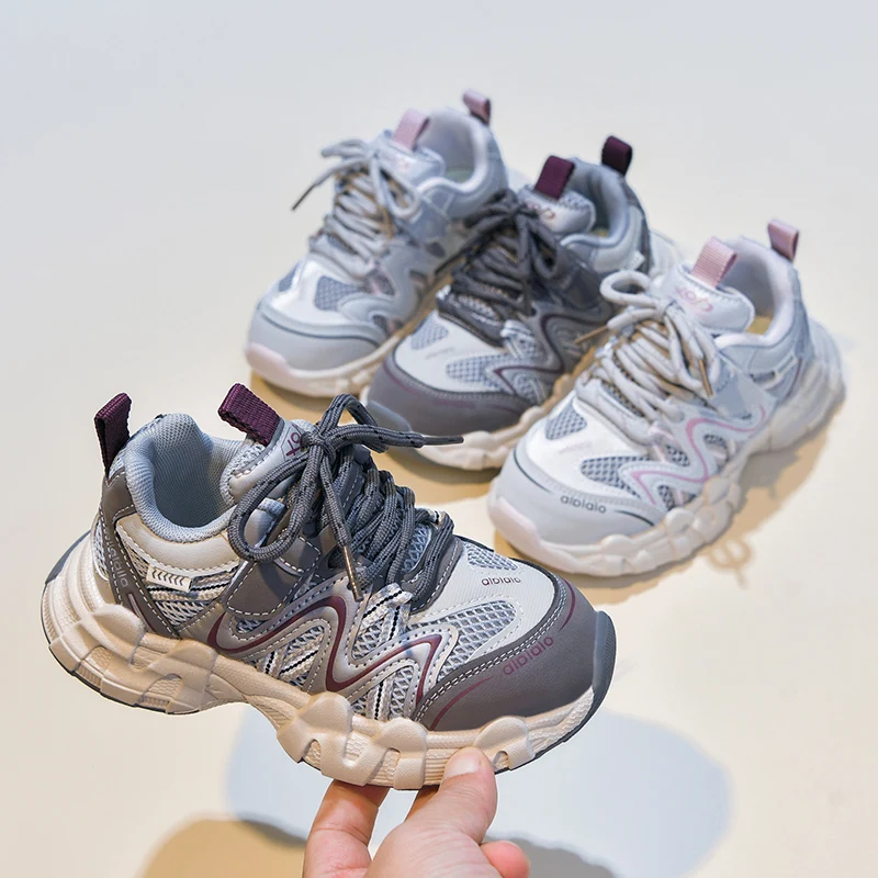 High quality Chunky Sneakers Boys Girls Synthetic Leather Mesh Mixed Color Round Toe Lace-Up Sports Trainer Kids Shoes Handmade