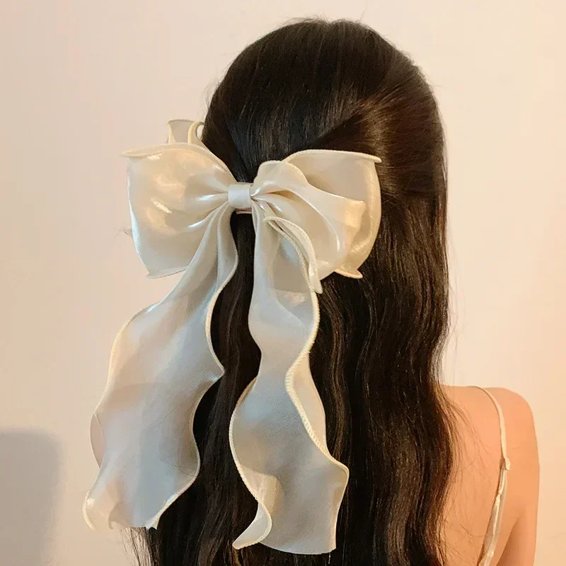 Fashion Chiffon Bow Hair Clips Blue Shining Satin Bowknot Hair Clips Ribbon Bow Barrette Hairpin Grip Ponytail Clip Headwear