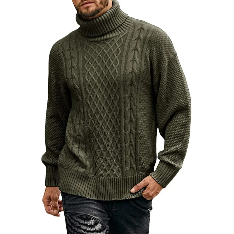 Men Pullovers Turtleneck Sweaters Thick Tops Full Sleeve Solid Casual Regular Splice Simple Top Knit Autumn Winter 2024