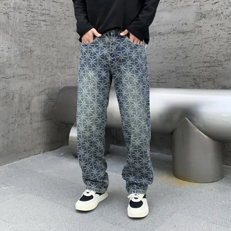 New Heavy Industry Loose Design Pants High End Full Printed Jacquard Straight Leg Wide Leg Fashionable Jeans For Men