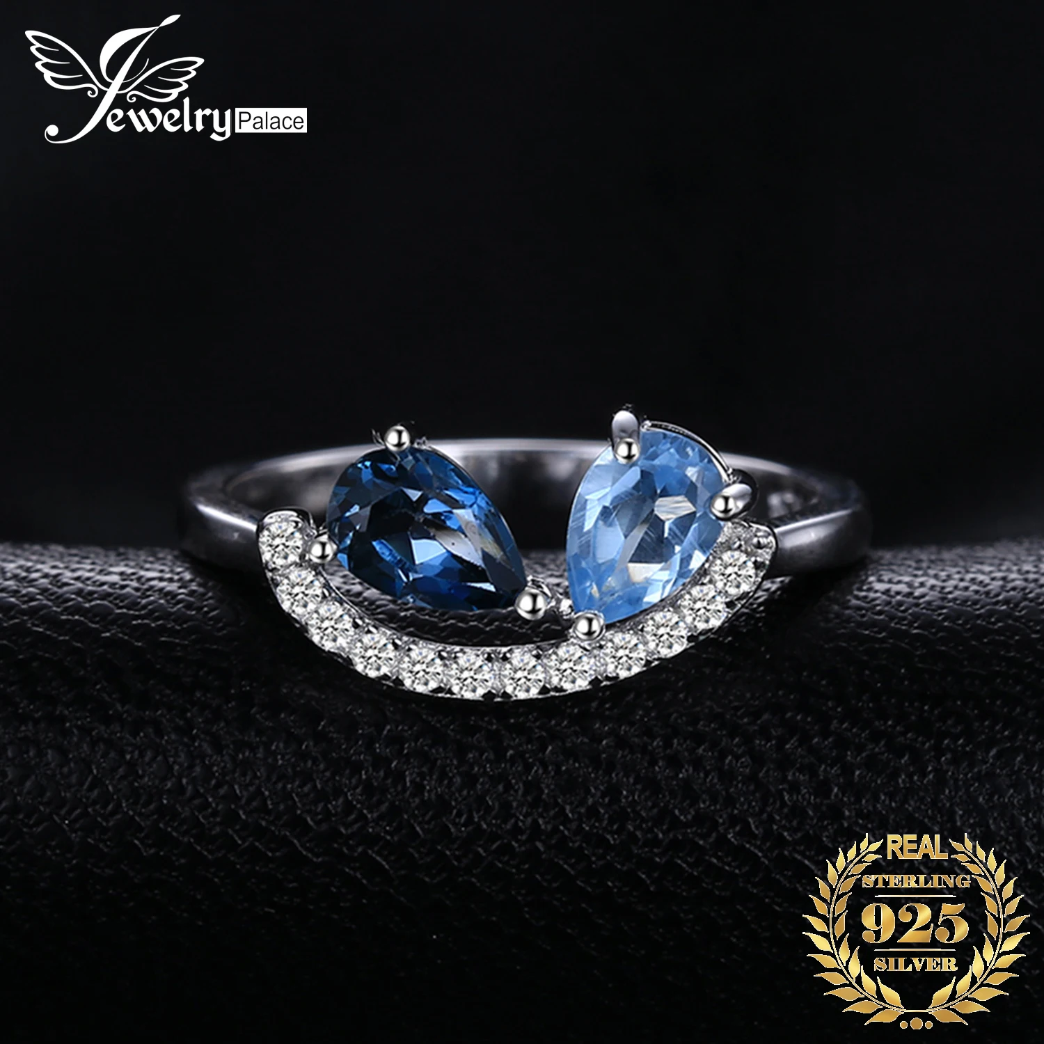 JewelryPalace Pear Natural Sky London Blue Topaz 925 Sterling Silver Cocktail Ring for Woman Gemstone Fine Jewelry Birthday Gift