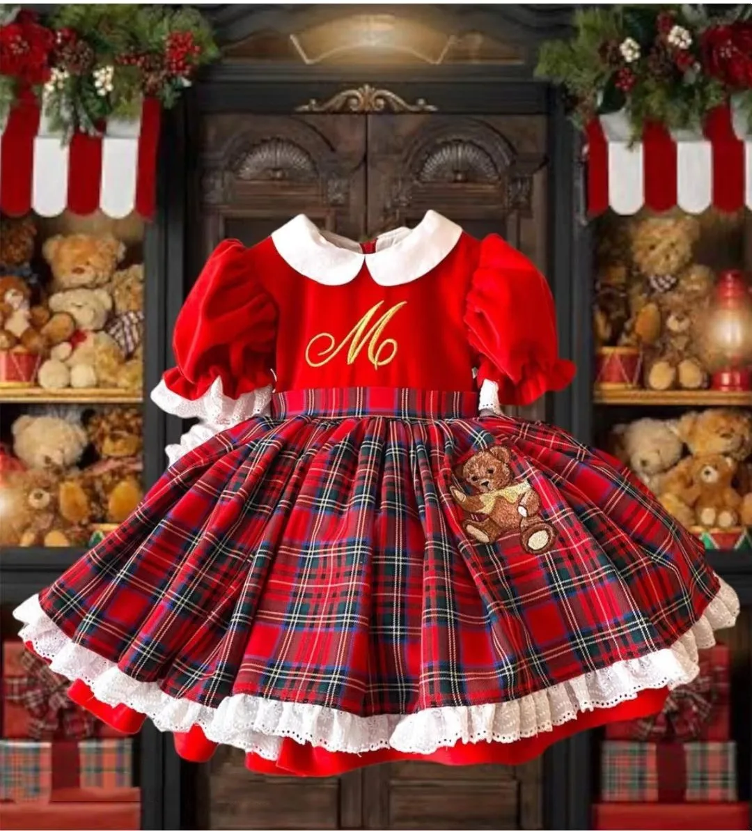 0-12Y Baby Girl Autumn Winter Red Velvet Plaid Bear Embroidery Vintage Spanish Princess Ball Gown Dress for Eid Causal