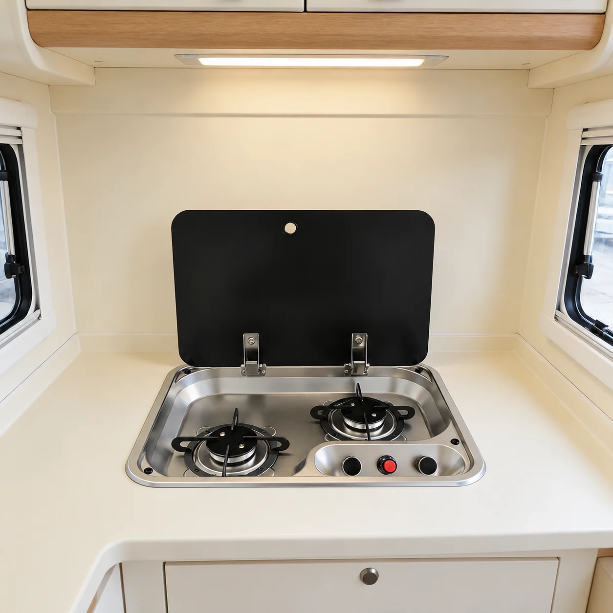 304 Stainless Steel RV Caravan Angled Double Burner Gas Stove Sink Combo With Glass Lid For Camper Motorhome Boat