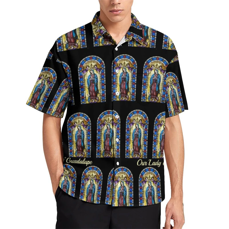 

Fashion Virgin Mary Graphic Hawaiian Shirts For Men Summer Trendy Short Sleeve 3D Printed Lapel Shirt Casual Oversized Blouses
