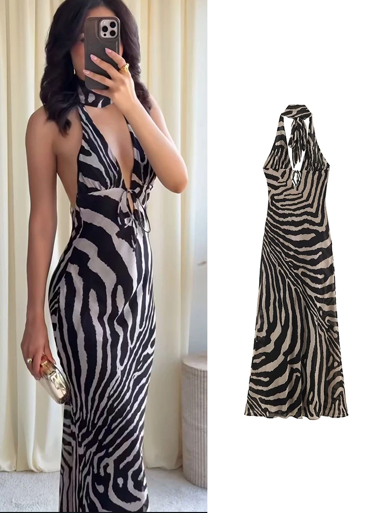 Langes Kleid mit Vintage-Print für Damen, Sommertrend, Neckholder, rückenfrei, ärmellos, High-Street-Mode-Stil, langes, figurbetontes Streetwear-Kleid