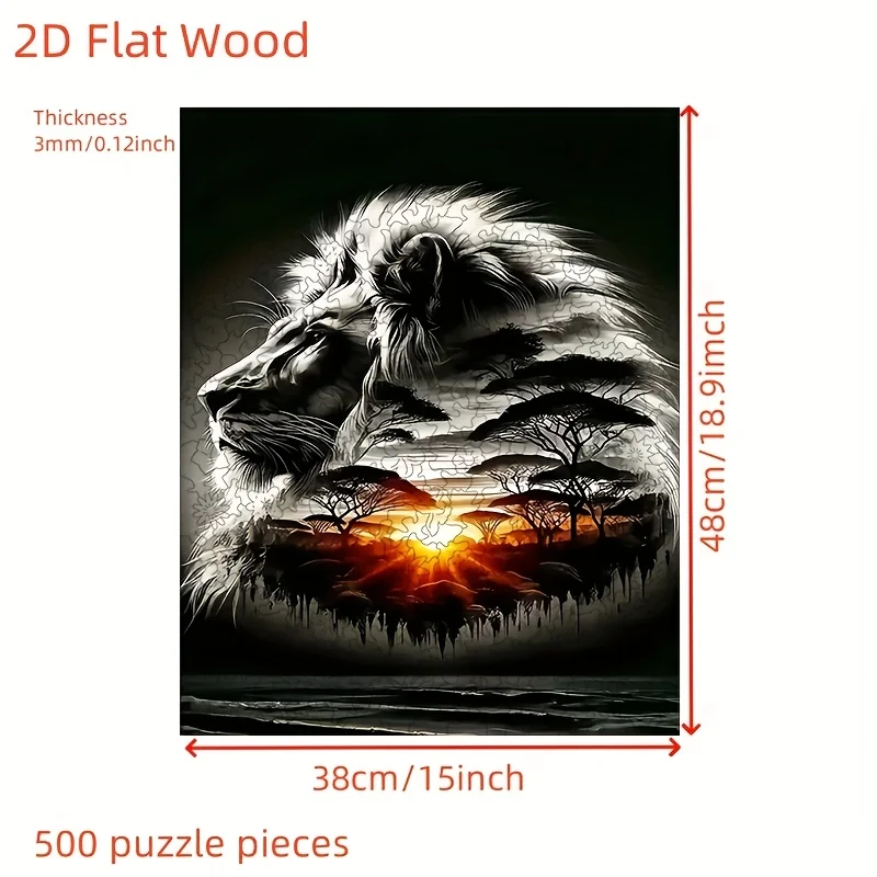 2D Flat, 1 set, wooden 500pcs challenge puzzle-Lion Shadow Grassland, suitable for adults and teenagers over 14 years old, enh