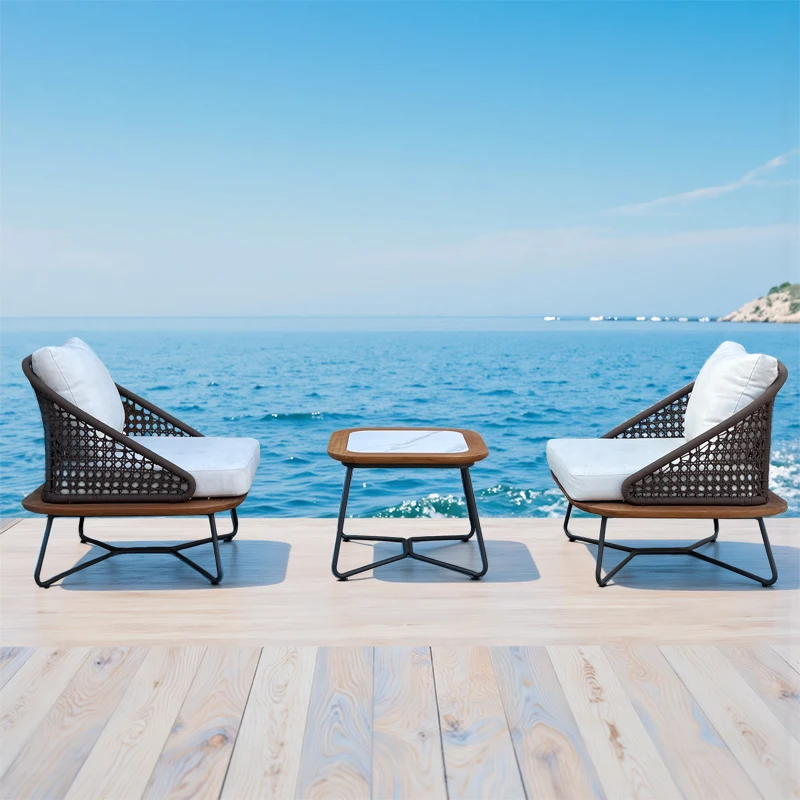 Luxury modern courtyard aluminum leisure single sofa furniture outdoor garden teak rope table and chair balcony set