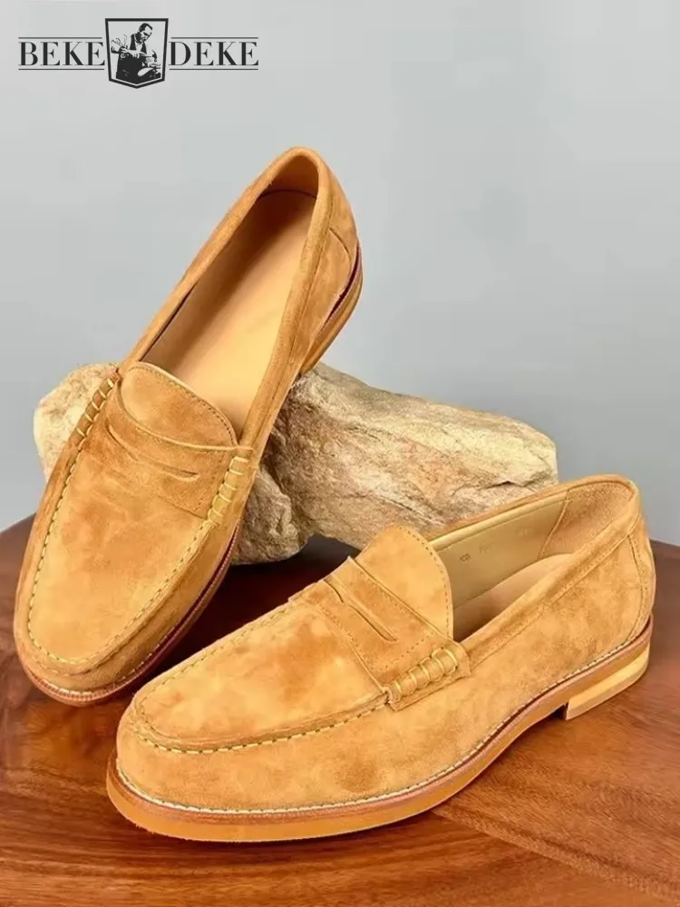 Summer Men Business Work Real Cow Suede Leather Formal Shoes Vintage Slip On Loafers Breathable Round Toe Wedding Dress Shoes