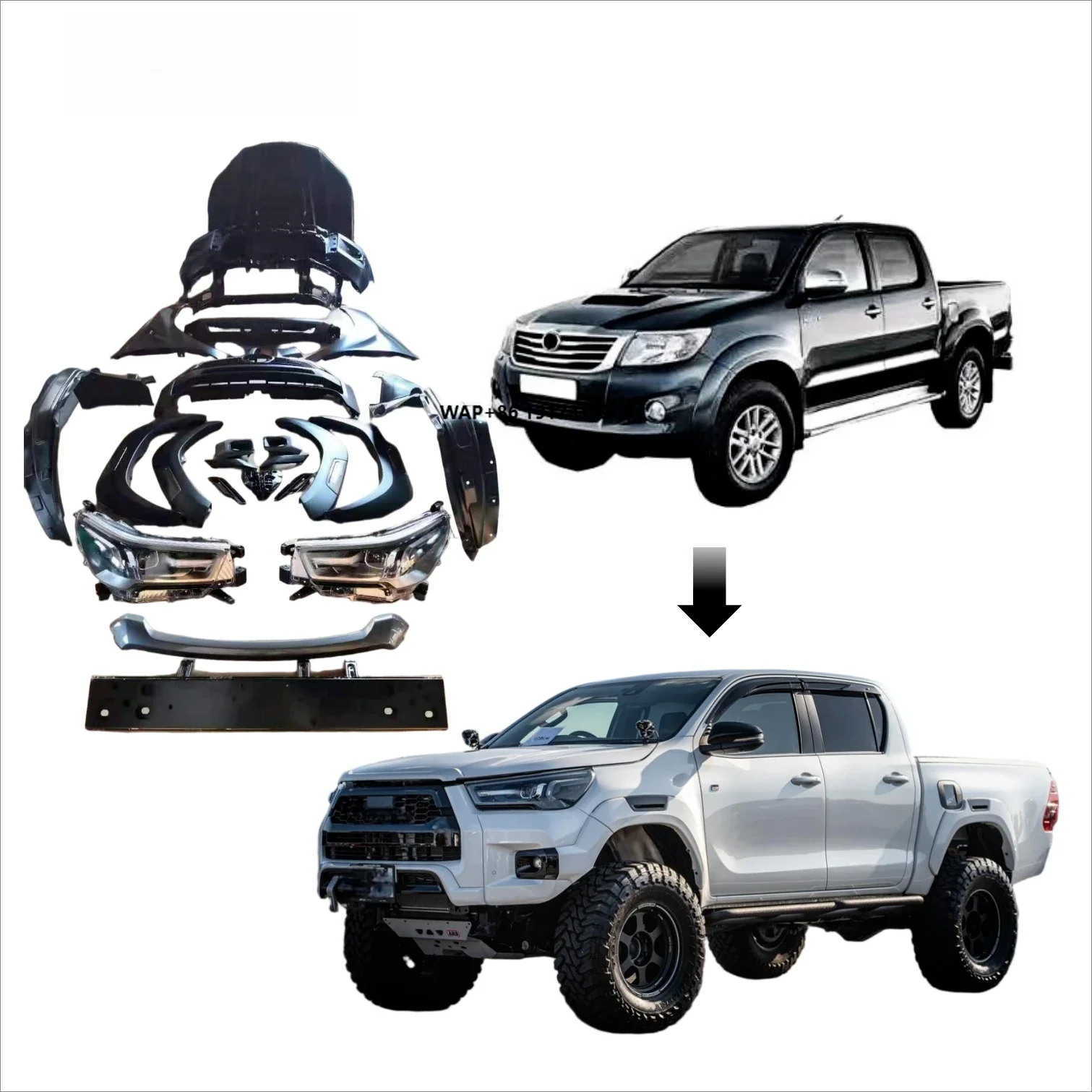 

New Design for Hilux Bodykit Vigo 2004-2015 Upgrade to Rocco 2023y Hood Bumper Grille Headlights Accessories