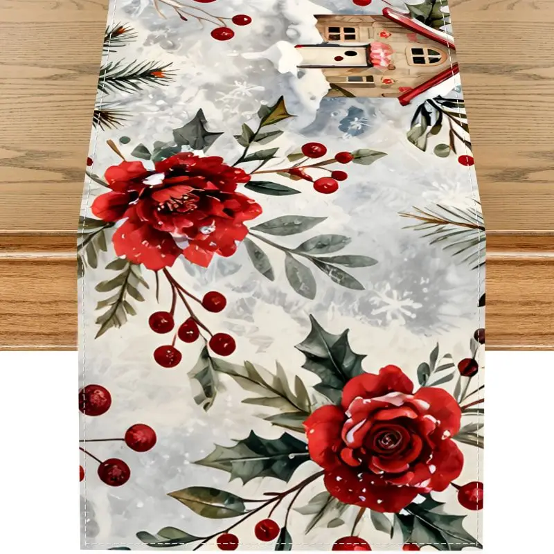 VIKAMA Hot Cocoa Marshmallow Mug Candy Cane Winter Christmas Table Runner Linen Fabric Cloth for Xmas Dinner Party Home Decor