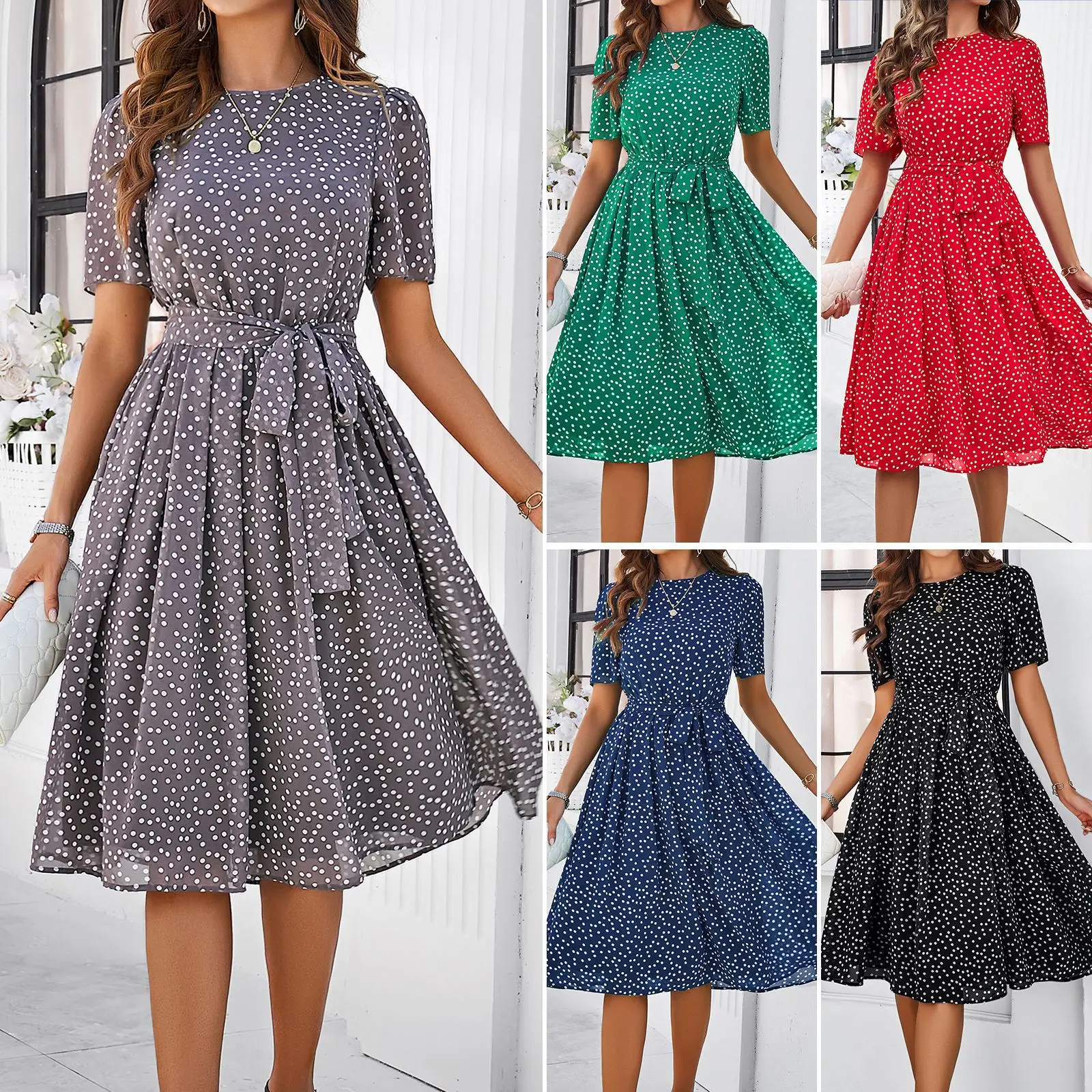 

2024 New in Women's Spring Summer Elegant Dots Midi Chiffon Dresses with Lace Up Female Formal Vacation Birthday Party Dress