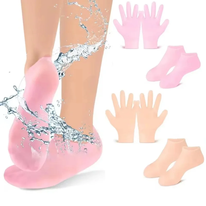 1 Set Elastische Silikon-Fußsocken und Handschuhe Set Verhindert Trocknen und Rissbildung der Fußhaut Wiederverwendbares Feuchtigkeitspflege-Spa-Kit