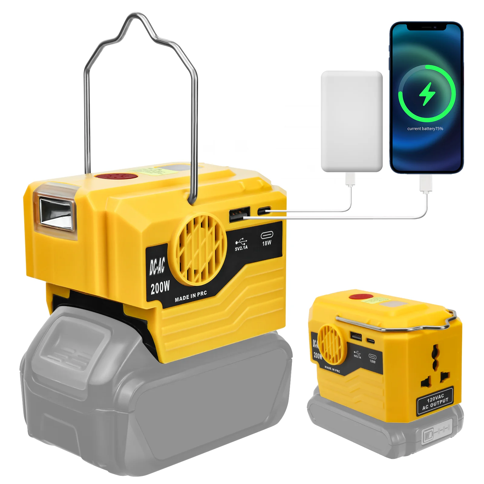 

200W Portable Power Inverter for Dewalt 20V Battery Convert DC 18V/20V to AC 120V Adapter with USB & Type-C Port (No Battery)