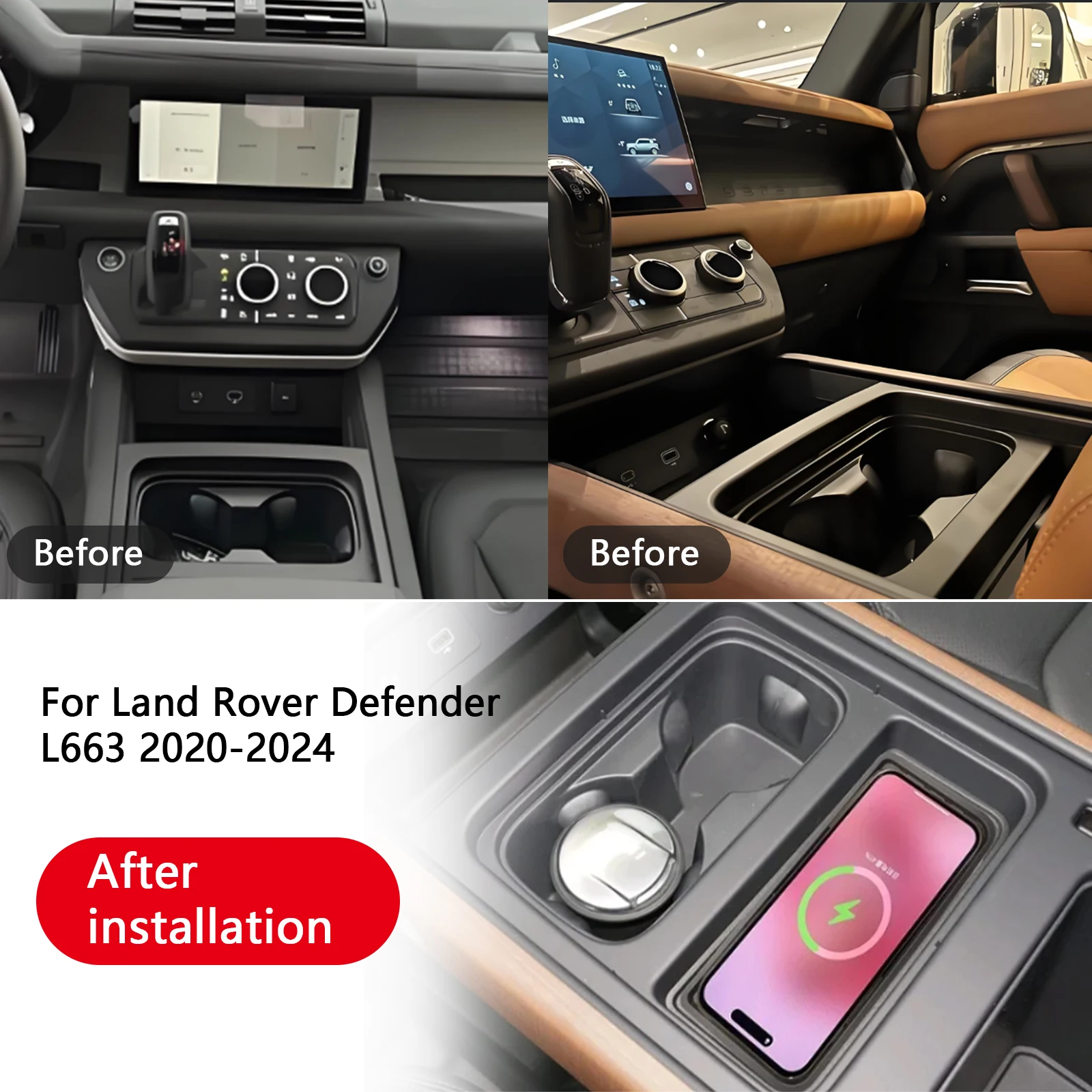 For Land Rover Defender 90 130 2020-2024 2 DIN Armrest Storage Wireless Mobile Phone Charger QI 18W Magsafe Fast Charging Panel