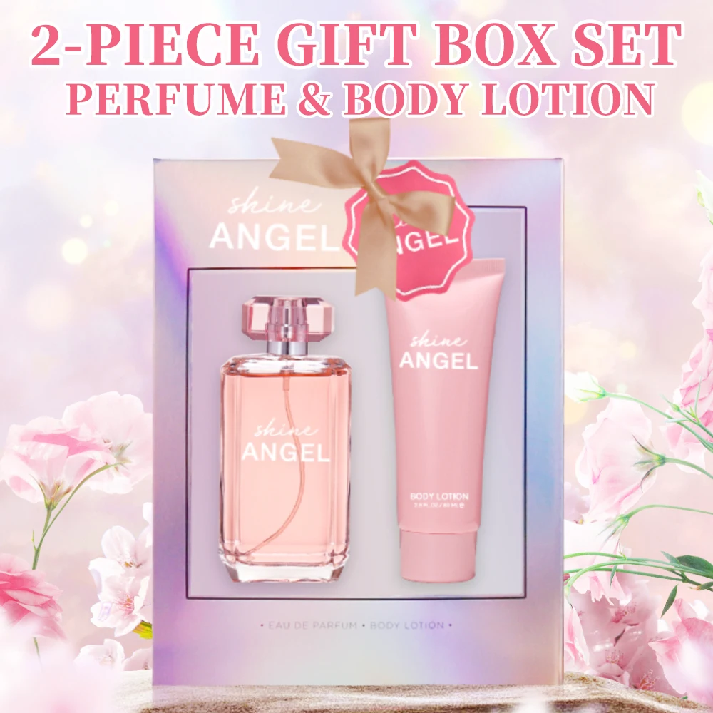 Eau de Parfum-Juego de espray y loción corporal para mujer, Set de regalo con fragancia de 3,4 Oz EDP Spray 2,8 Oz, Crema Corporal Shine Angel 2 piezas, regalos