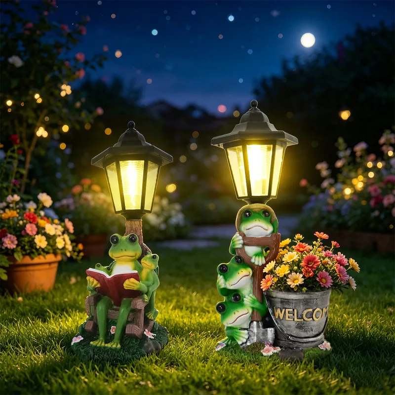 Frog Planter Statue with Solar Light,Resin Figurine Outdoor Garden Yard Landscape Home Ornament Decor Gift