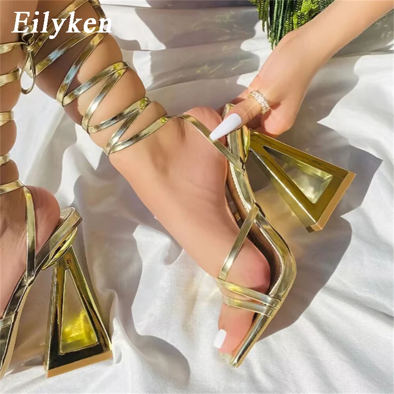 Eilyken Size 35-42 Golden Party Square Toe Woman Sandals 2024 Fashion Ankle Lace-up Fretwork High Heels Female Shoes