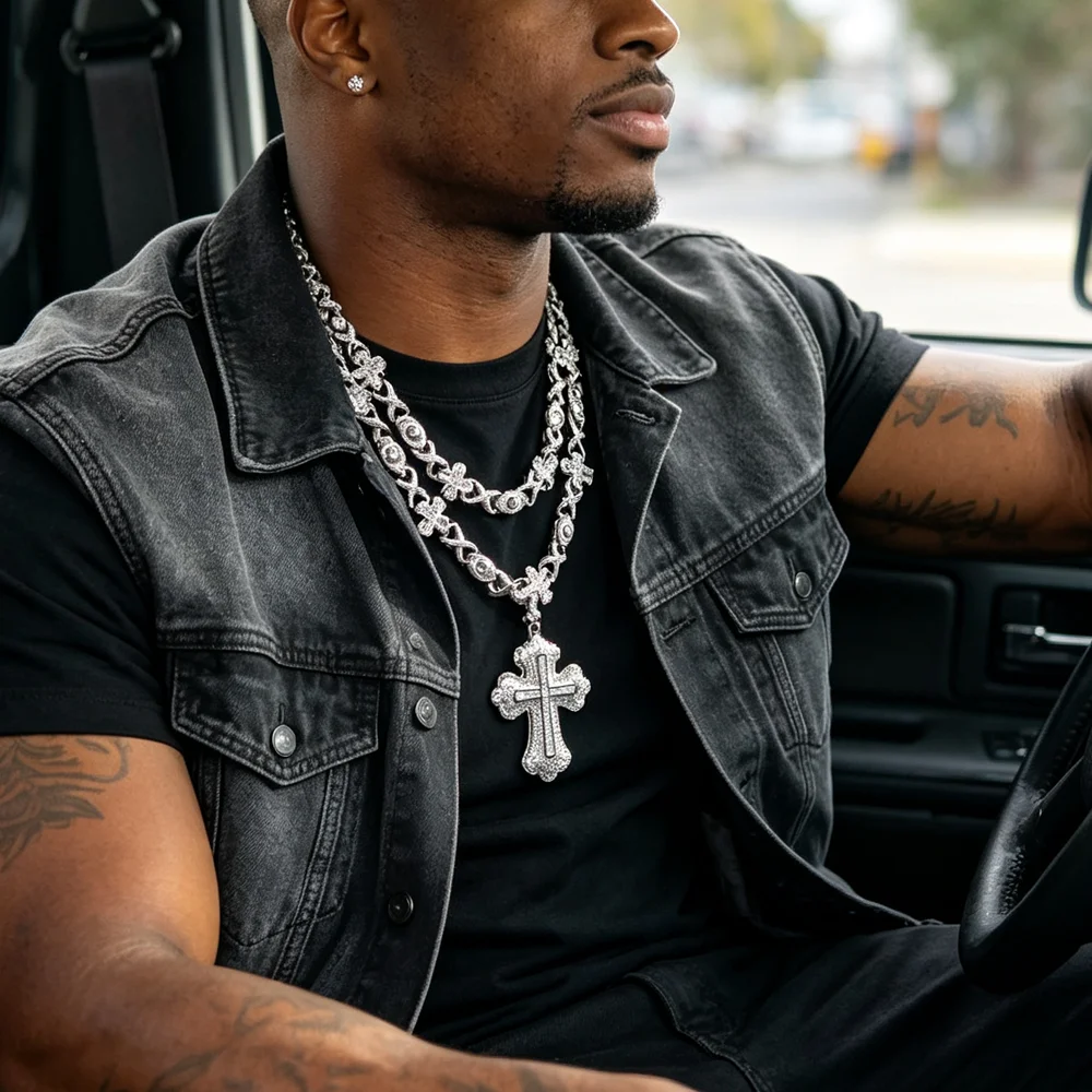 Men Iced Out Big Cross Necklace Full Cubic Zirconia Eye X Link Chain Silver Plated Hip Hop Pendant Necklaces Rapper Jewelry