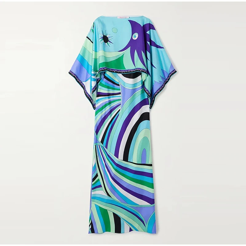 Women Tropical Leaf Print Cape Two Piece Set Batwing Loose Top High Waist Maxi Dress 2026 Summer Fashion Vacation Casual Suit