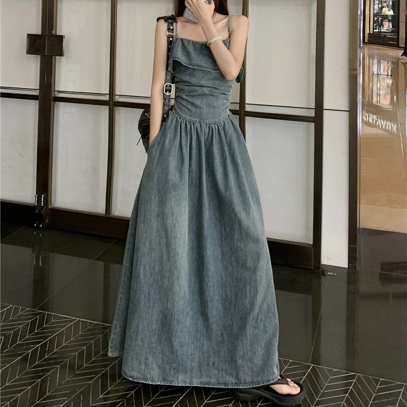 Vintage Ruffle Camis Dress Donna Dolce Casual Ruffle Denim Dress Y2K Summer Chic Night Party Jeans Abiti Mujer Nuovo