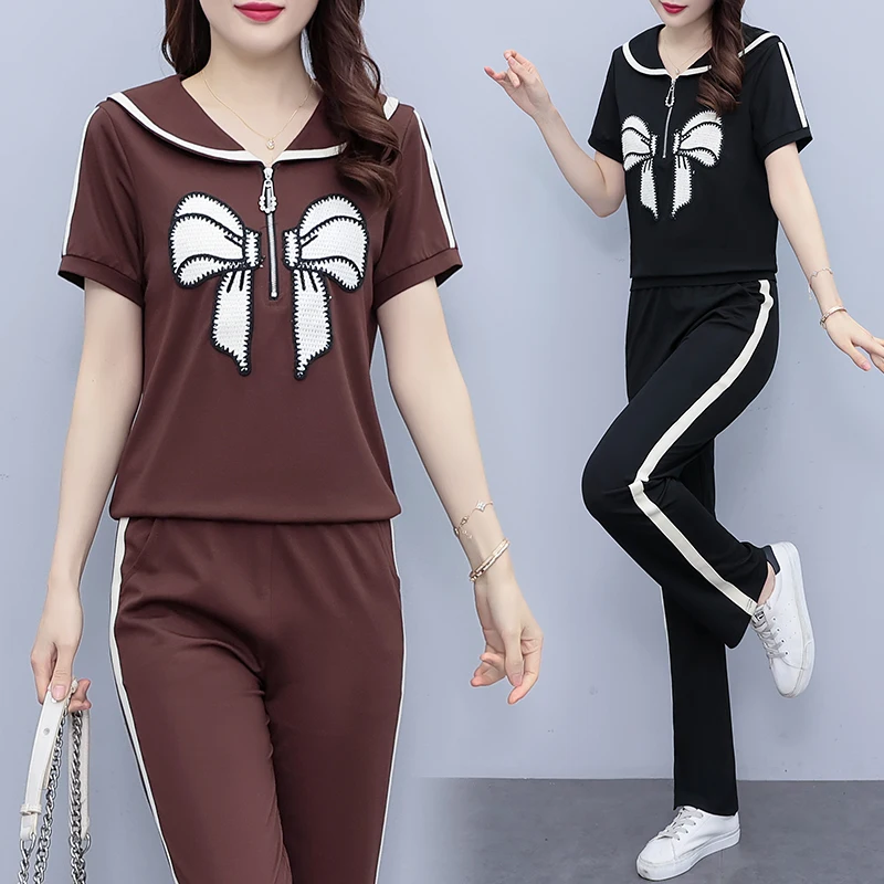 Summer Plus Size Cotton Two Piece Set For Women Short Sleeve Fashion Bow Printed Tops And Pants Black Brown Casual Suits Clothes