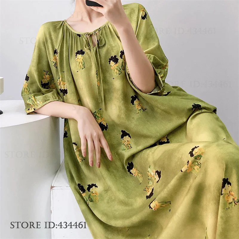 Plus Size Womens Long Nightgown Homewear Chinese Style Print Cartoon Viscose Sleepwear Loungewear Loose Nightdress Nightie