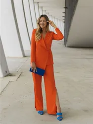 Costume Orange vif pour femmes, élégant, à revers, 2 pièces (veste + pantalon), tenue de bureau pour femmes