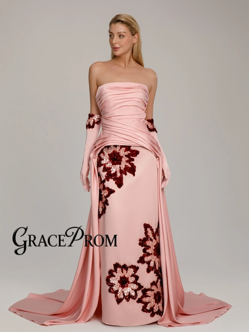 

GRACEPROM Flowy Satin Pink Evening Dress Elegant Stunning Floral Sequined Prom Gown Customized Strapless Dainty Banquet Wear