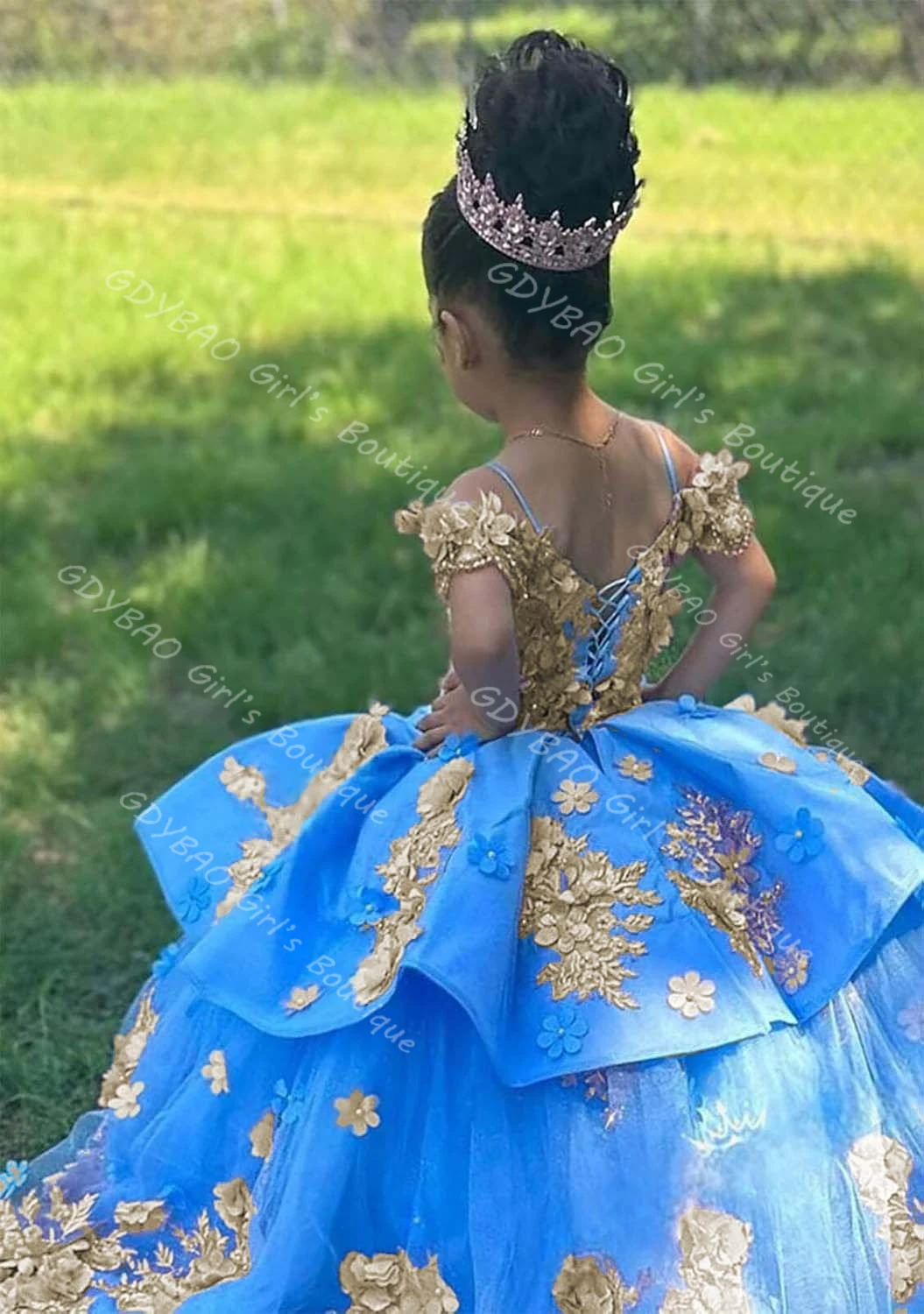 Ball Gown Flower Girl Dress Toddlers Gold Appliqued Tiered Tulle Princess Pageant Dress Drop Shoulder Custom Wedding Party Frock #3