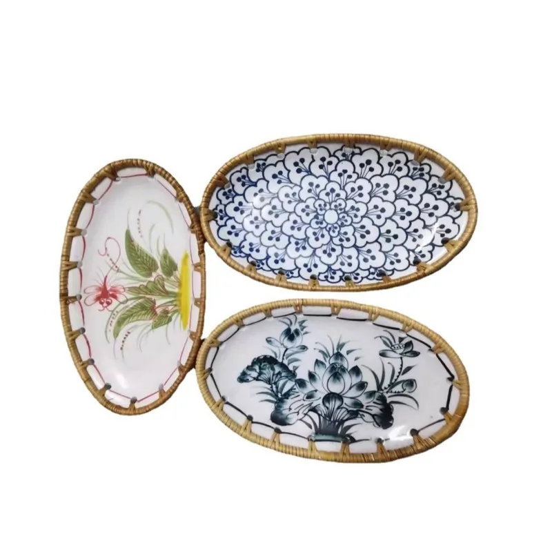 Suitable for Rattan Braided Oval Ceramic Plate, Rattan Braided Edge Storage Tableware, Dim Sum StoragePlate StoragePlate