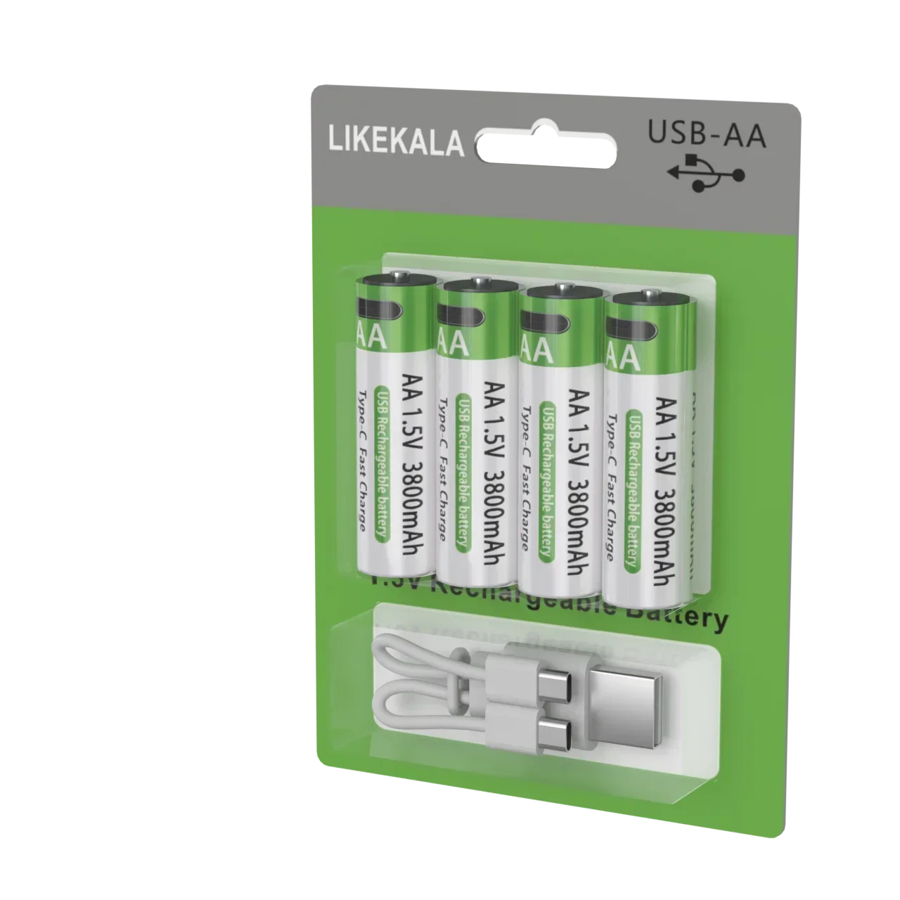 LIKEKALA Li-ion AA بطاريات قابلة للشحن USB 3800mAh 1.5V AA ماوس، جهاز تحكم عن بعد، بطارية سيارة لعبة 4 عبوات بطاقات معلقة