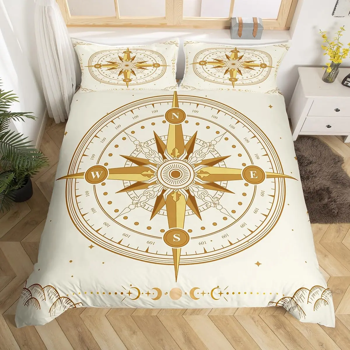 

Nautical Compass Duvet Cover Twin Sun Moon Starry Sky Galaxy Bedding Set Geometric Boho Exotic Comforter Cover,Beige Quilt Cover