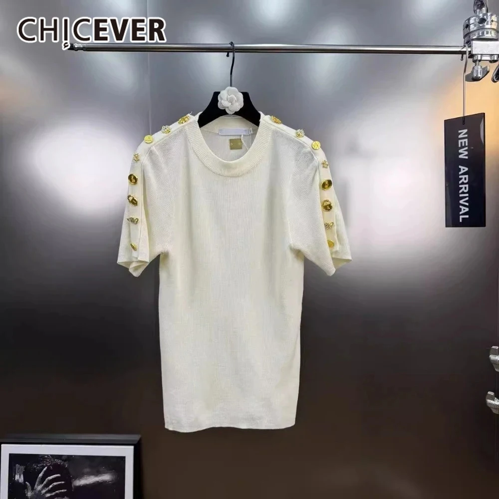 

CHICEVER однотонный базовый вязаный пуловер для женщин с круглым вырезом и короткими рукавами Patcwhork с металлическими пряжками, темпераментный летний женский топ