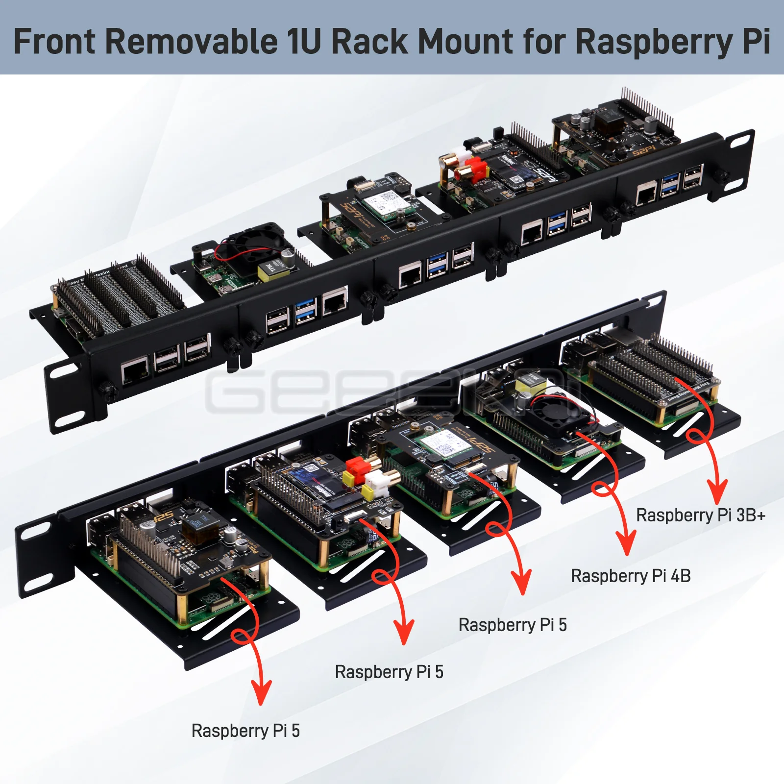 1U Rack Mount for Raspberry Pi 5/4B/3B+ Removable Steel Bracket 19 Inch 5 Slots