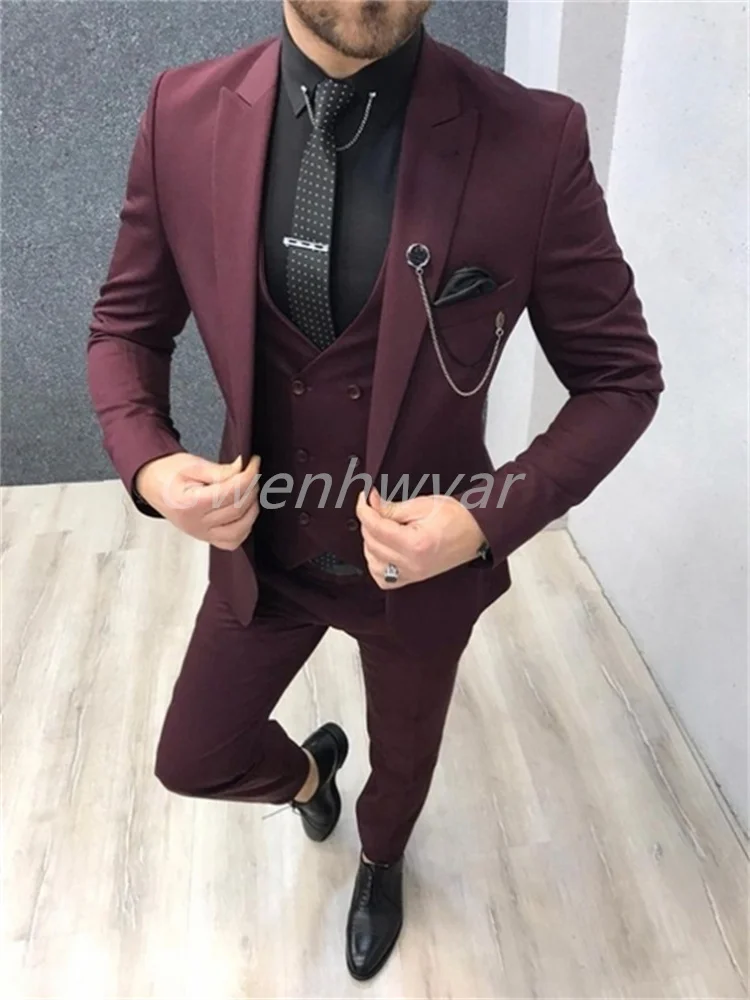 

Gwenhwyfar модный бордовый мужской костюм с остроконечными лацканами, мужской свадебный тонкий костюм для выпускного вечера, мужской пиджак, одежда для жениха, комплект из 3 предметов Homme