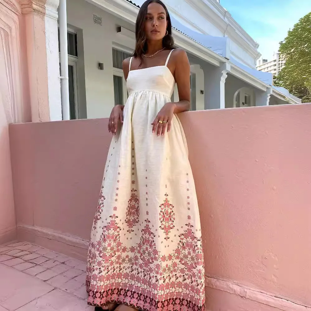 

Woman Clothes Print Cotton Linen Dress With Straps Flower Print Dress Bohemian Suspender Dress Elegant Evening Dress