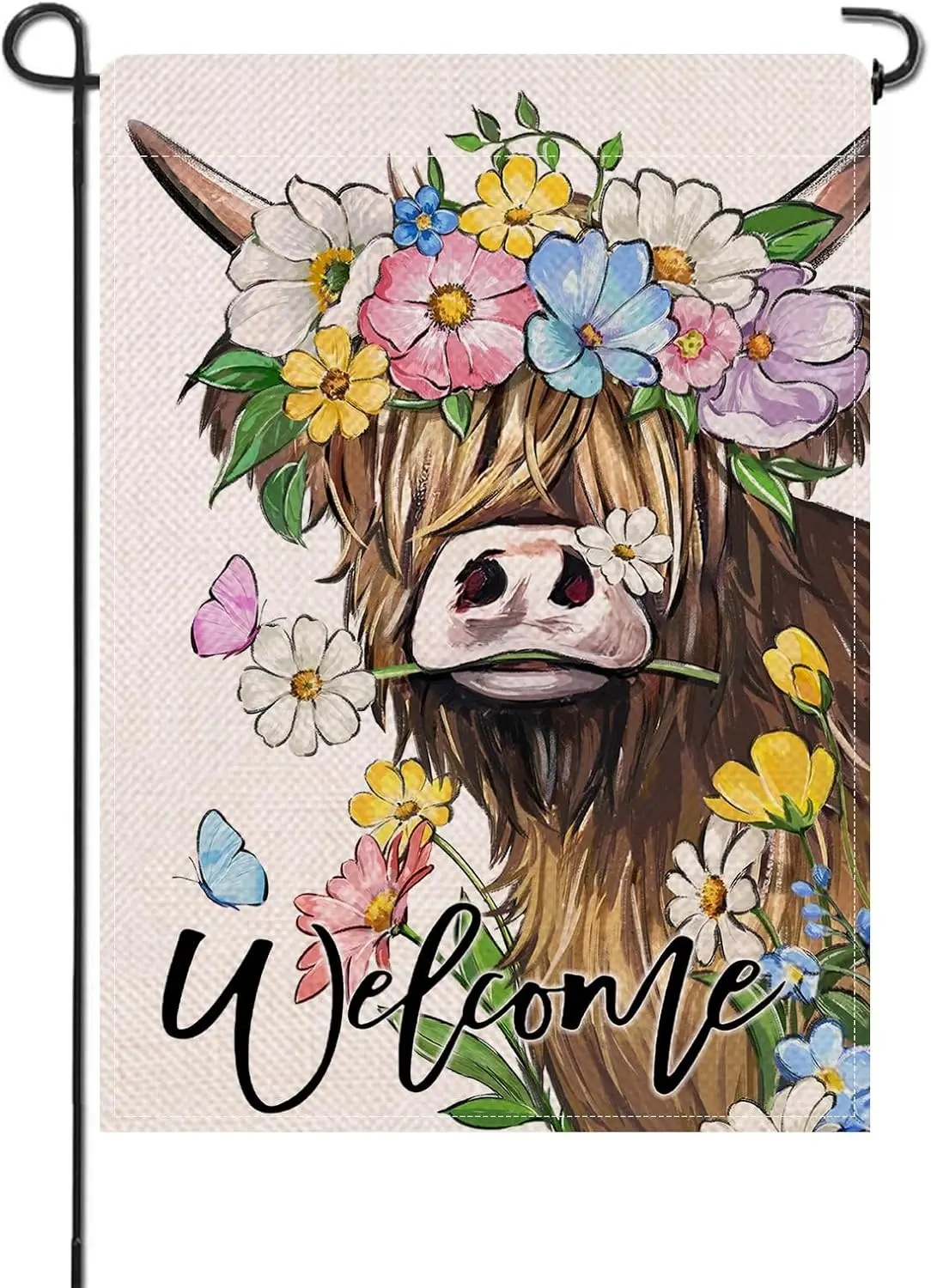 Artofy Welcome Spring Summer Highland Cow Small Decorative Garden Flag, Farm Daisy Flower Yard Lawn Outside Decor, Farmhouse EEZ