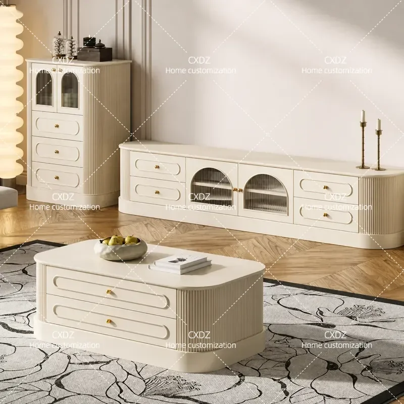 Solid Wood TV Cabinet and Coffee Table Set Ivory White Birch Paint Cream Style Light Luxury Rounded Corner Living Room